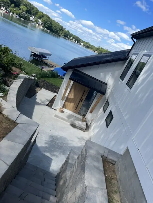 Lakeside home exterior and stone steps